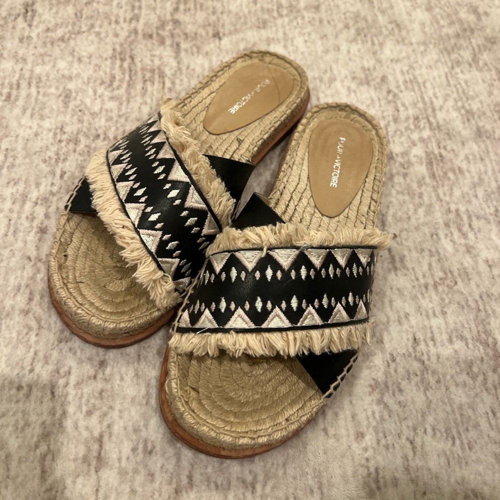 Pour La Victoire Raffia Black Tan Slide Sandals [Size 7]